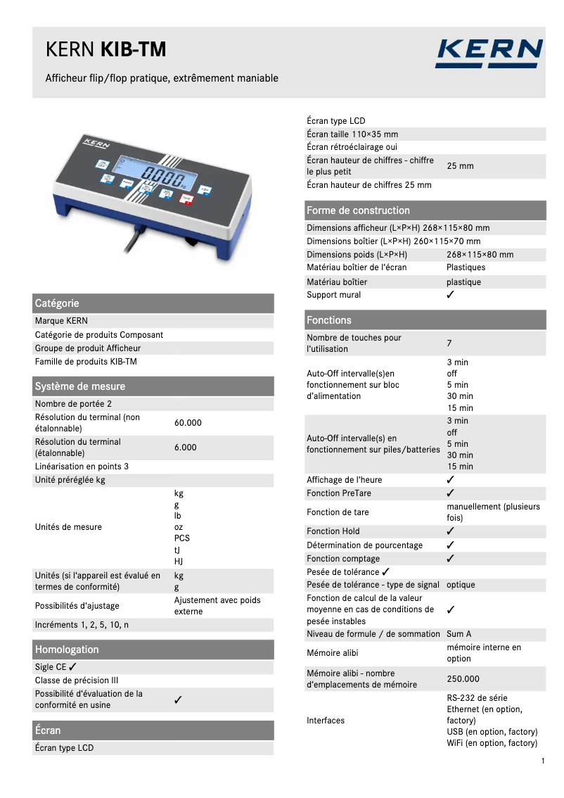 Page 1 of the manual Technical Sheet Kern KIB-TM