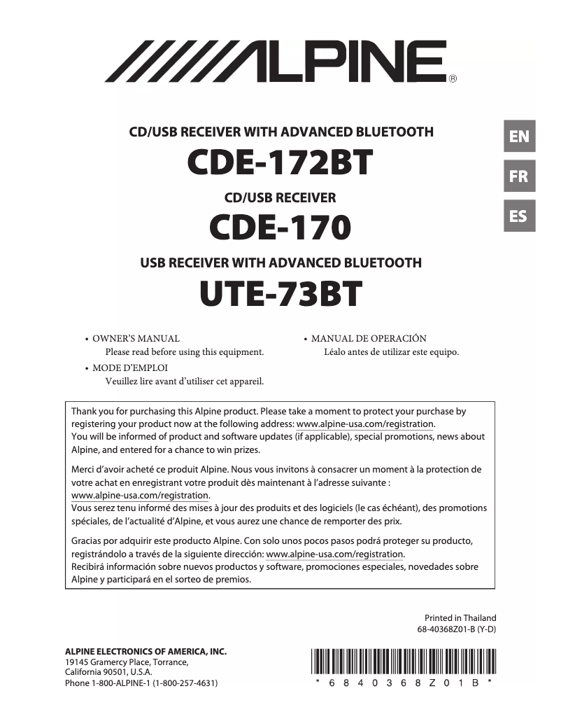 Page 1 of the manual User Manual Alpine CDE-170