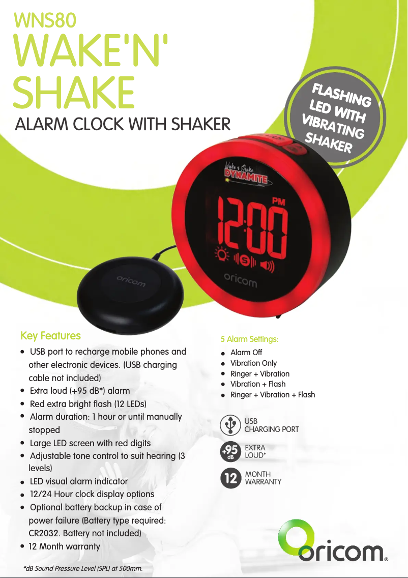 Page 1 de la notice Fiche technique Oricom Wake 'N' Shake Dynamite WNS80