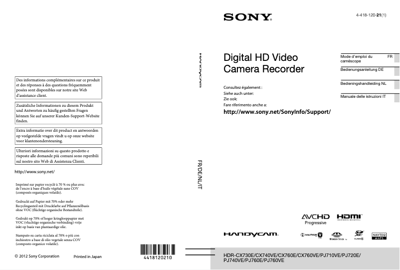 First page image of the manual for HDR-PJ760VE