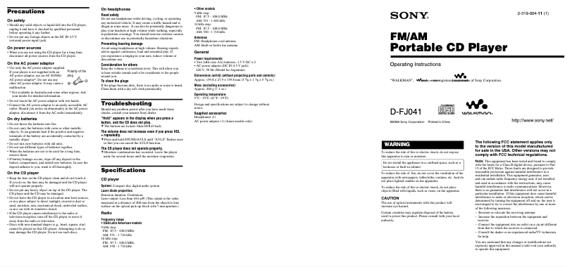 Page 1 of the manual User Manual Sony Walkman D-FJ041