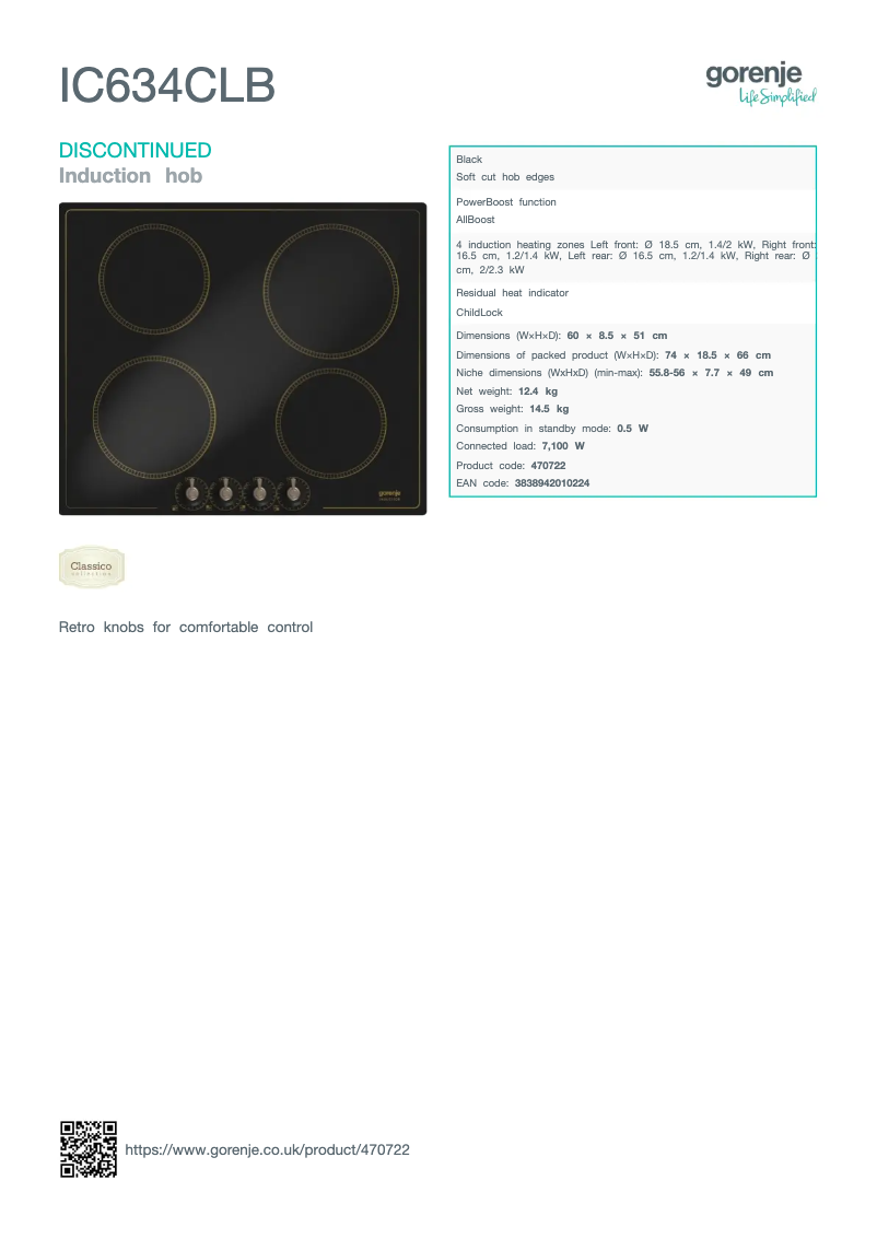 Page 1 of the manual Technical Sheet Gorenje IC634CLB