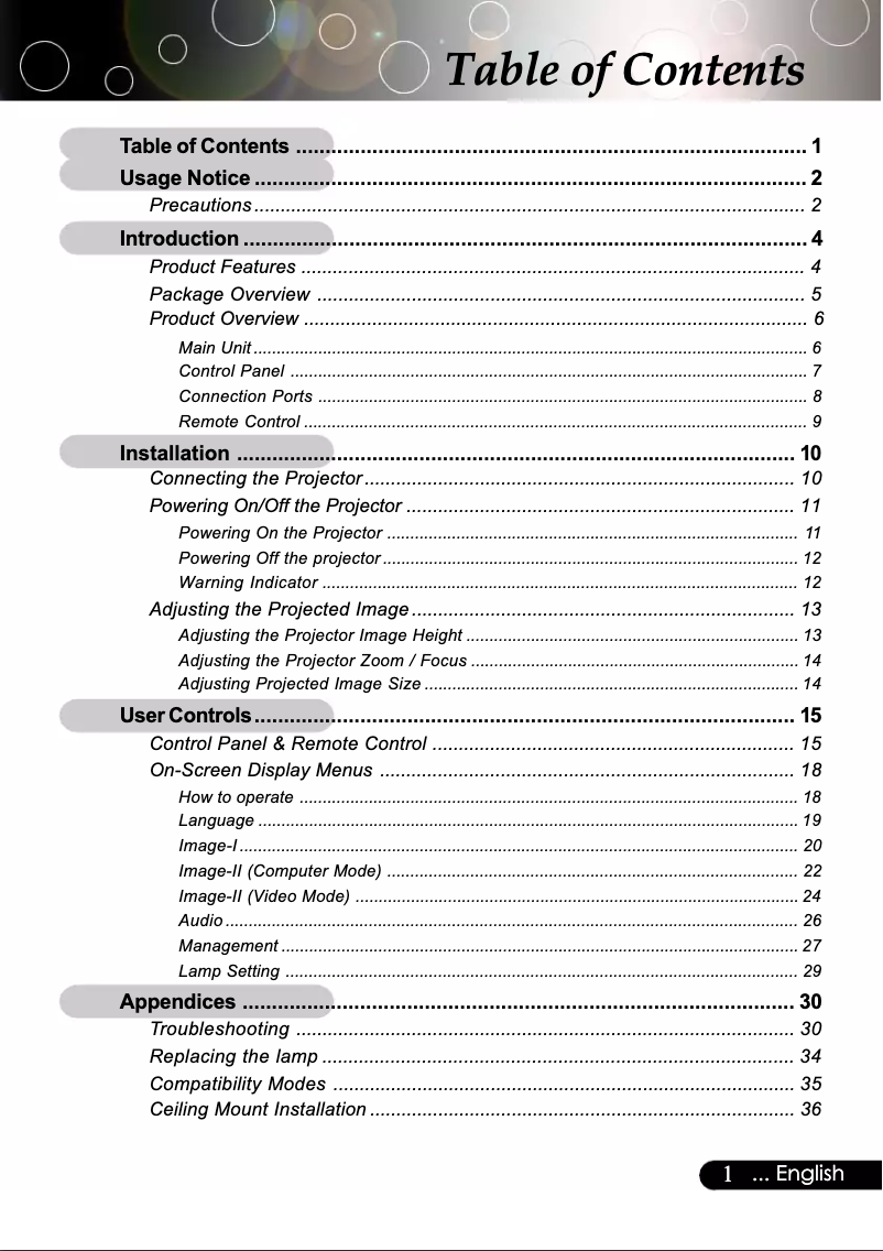 Page 1 of the manual User Manual Optoma EP739