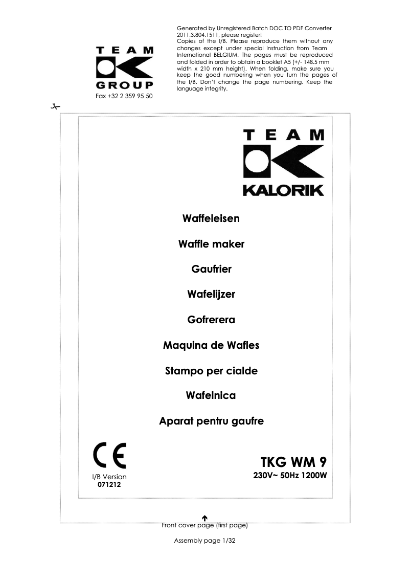 First page image of the manual for TKG WM 9