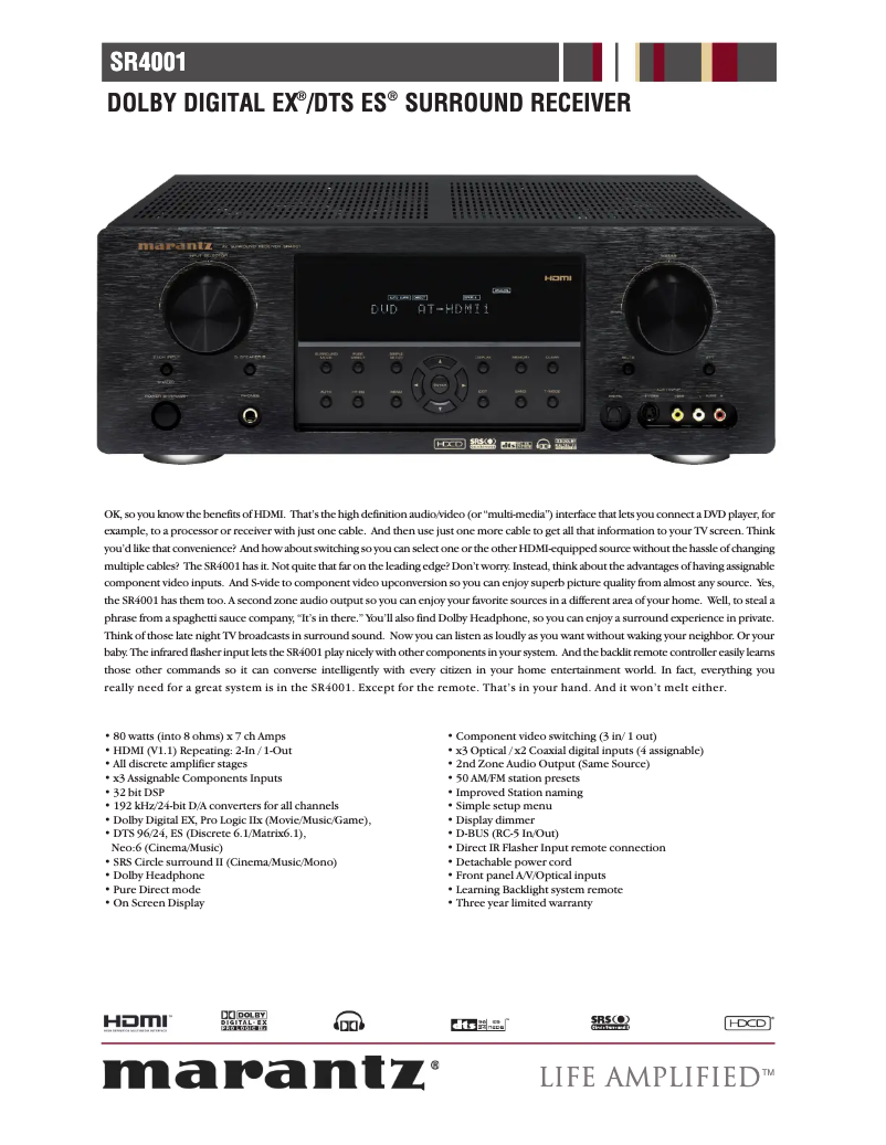 Page 1 of the manual Technical Sheet Marantz SR4001