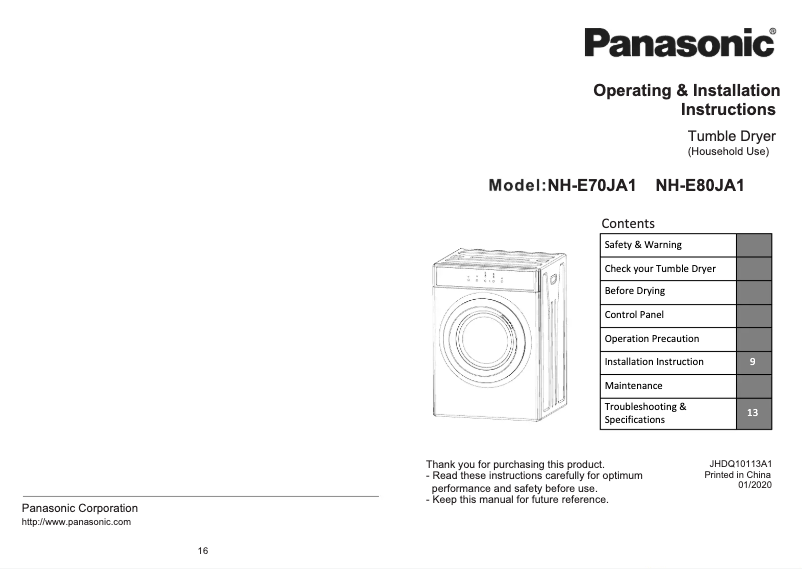 Page 1 of the manual User Manual Panasonic NH-E70JA1