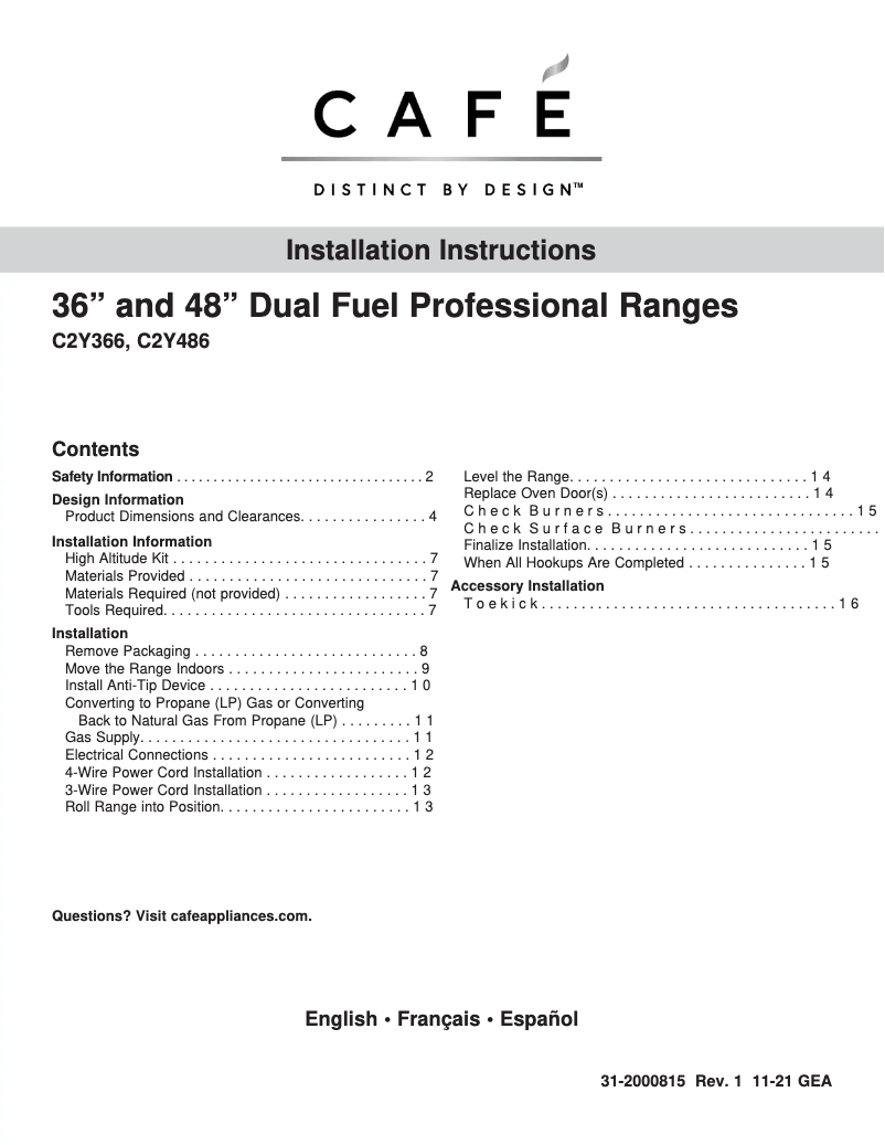 Page 1 of the manual Installation Guide GE C2Y486P3TD1