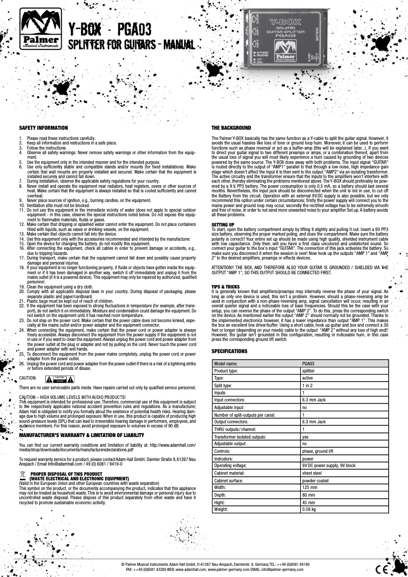 Page 1 of the manual User Manual Palmer GA 03