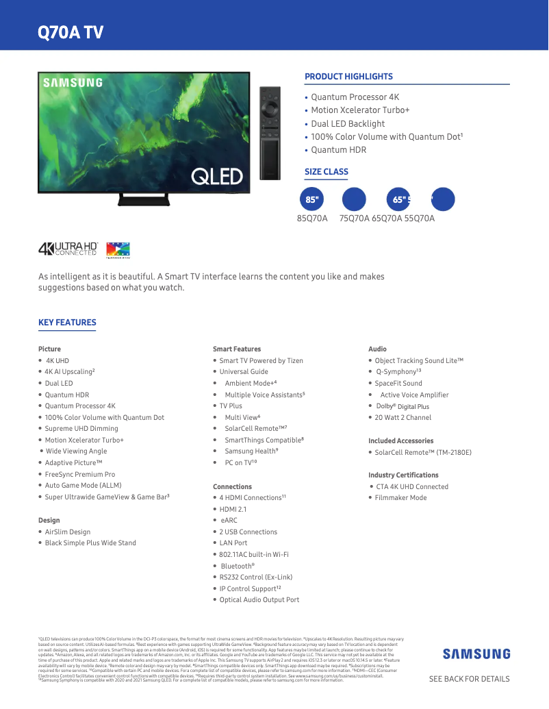 First page image of the manual for QN85Q70A