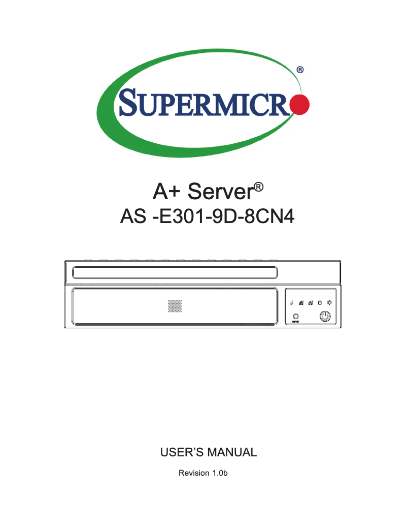Page 1 of the manual User Manual Supermicro A+ Server E301-9D-8CN4