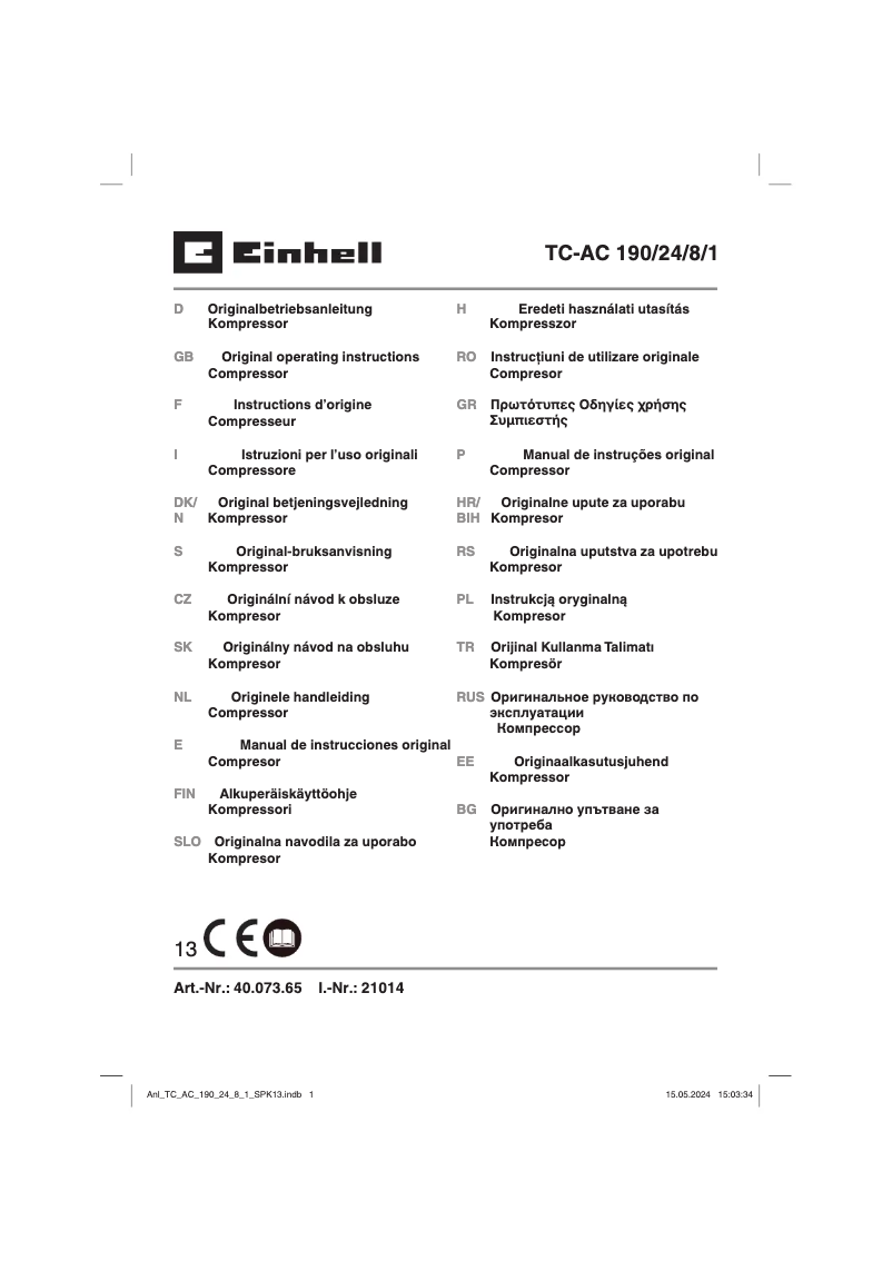 Page 1 of the manual User Manual Einhell TC-AC 190/24/8/1