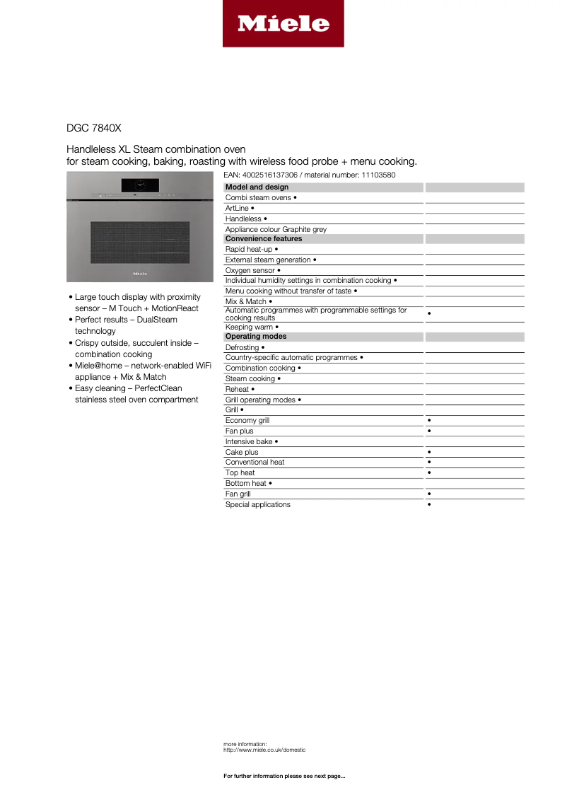 Page 1 of the manual Technical Sheet Miele DGC 7840X