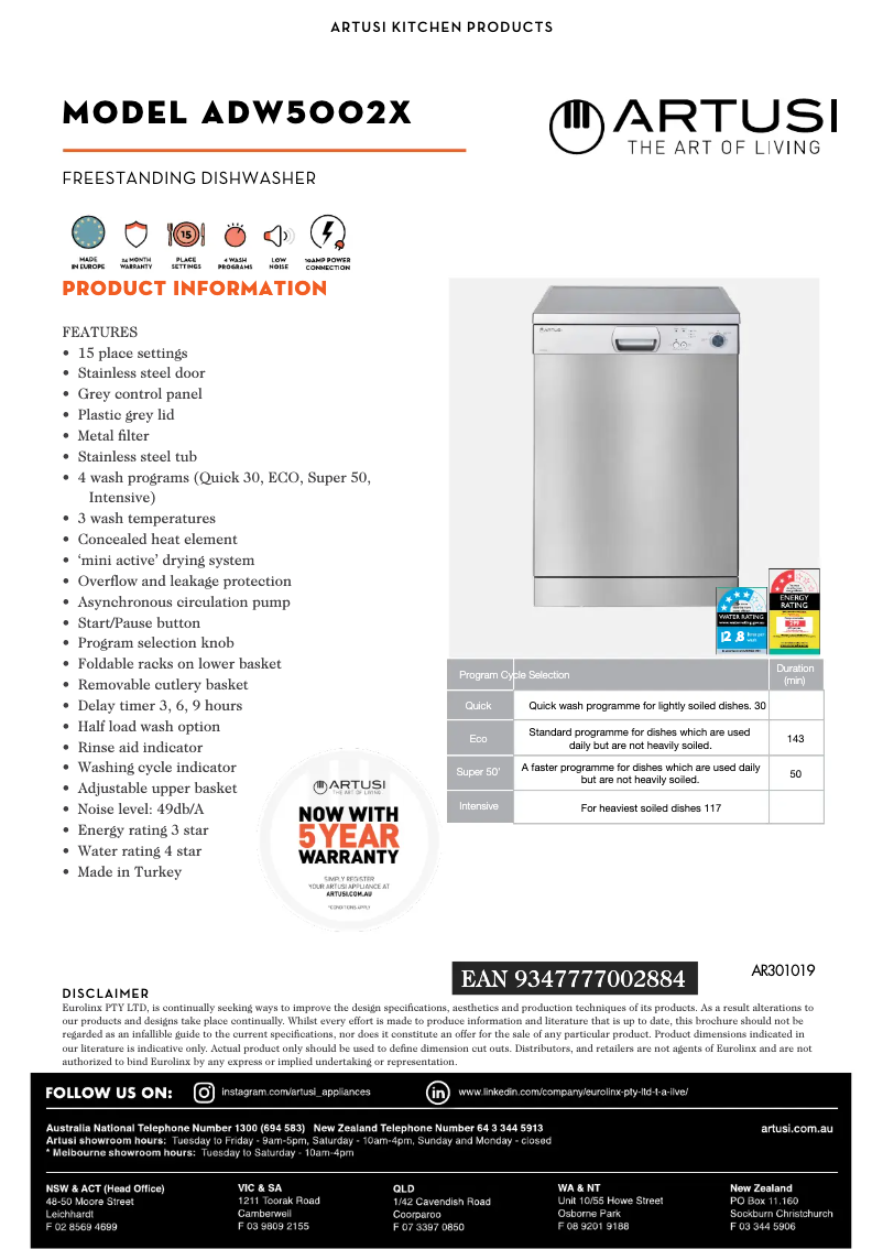 Page 1 of the manual Technical Sheet Artusi ADW5002X