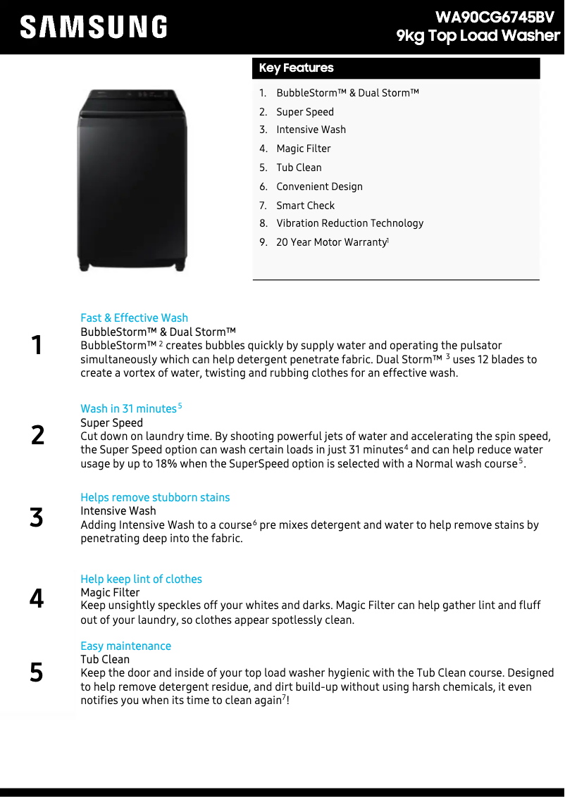 Page 1 of the manual Technical Sheet Samsung WA90CG6745BV