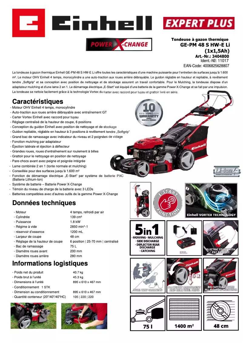 Page 1 of the manual Technical Sheet Einhell GE-PM 48 S-HW E Li