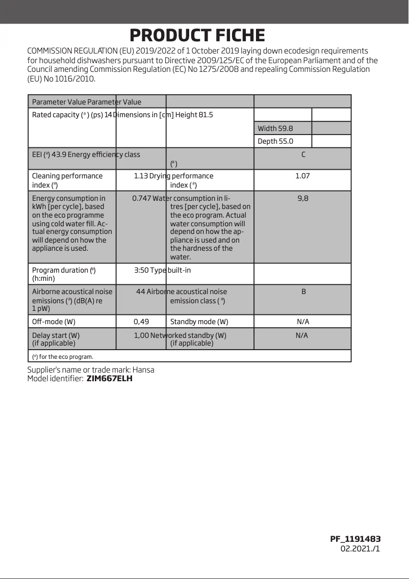 Page 1 of the manual Technical Sheet Hansa ZIM667ELH