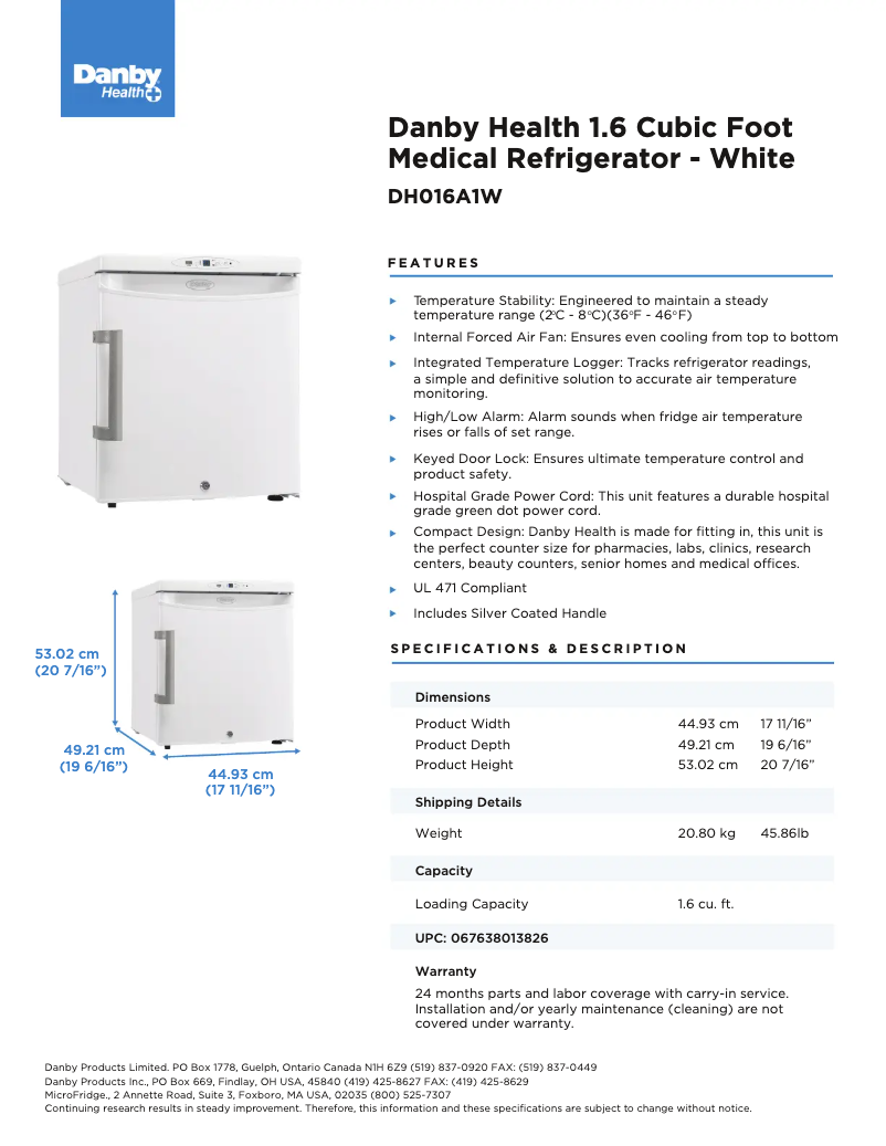 Page 1 of the manual Technical Sheet Danby DH016A1W