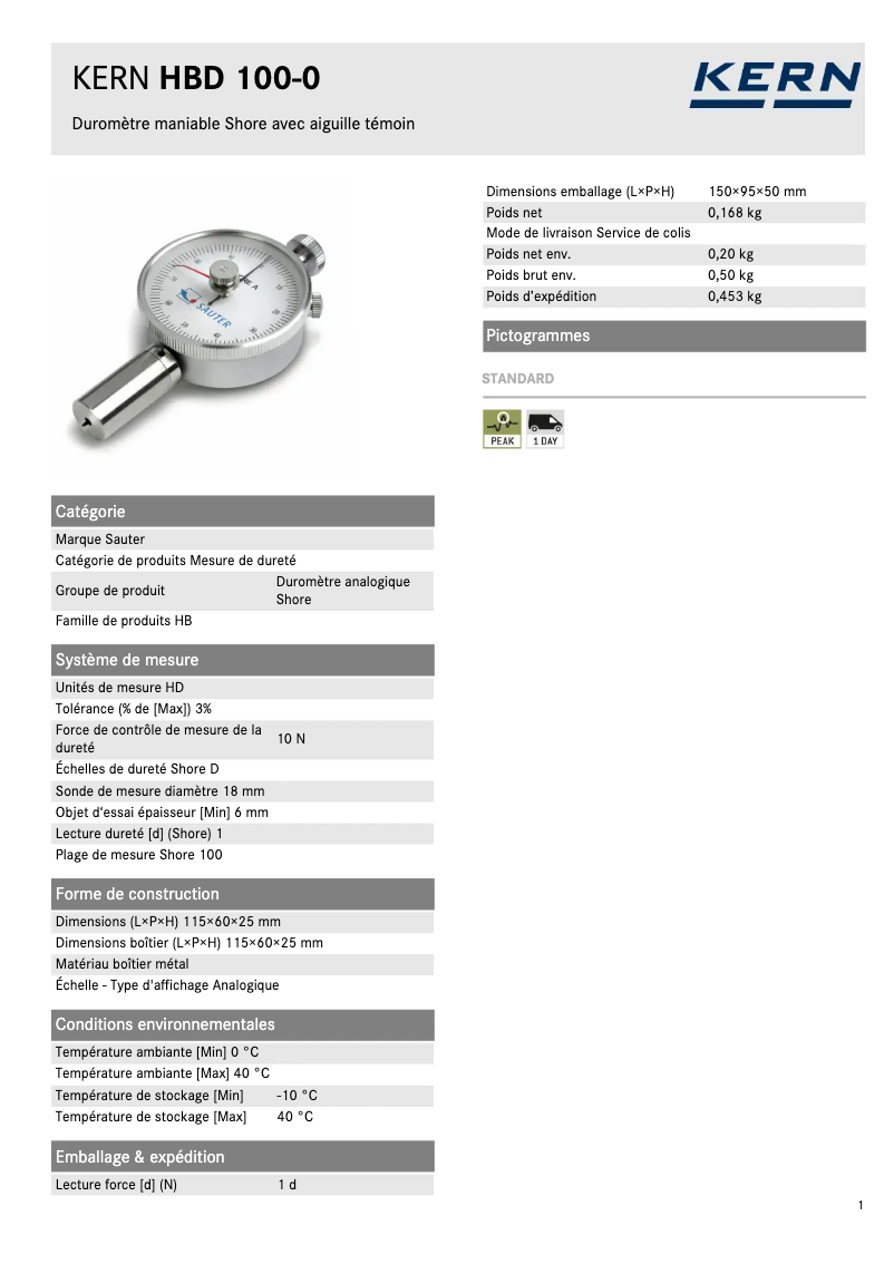 Page 1 of the manual Technical Sheet Kern HBD 100-0