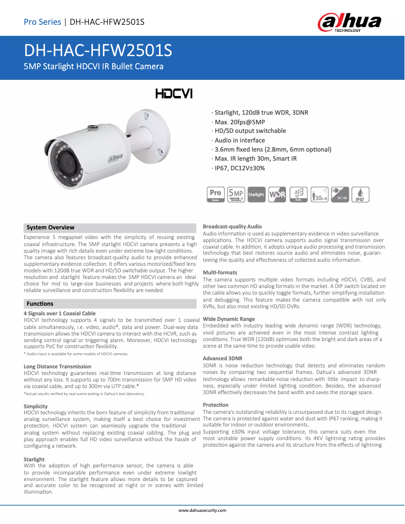 Page 1 de la notice Fiche technique Dahua Technology HAC-HFW2501S