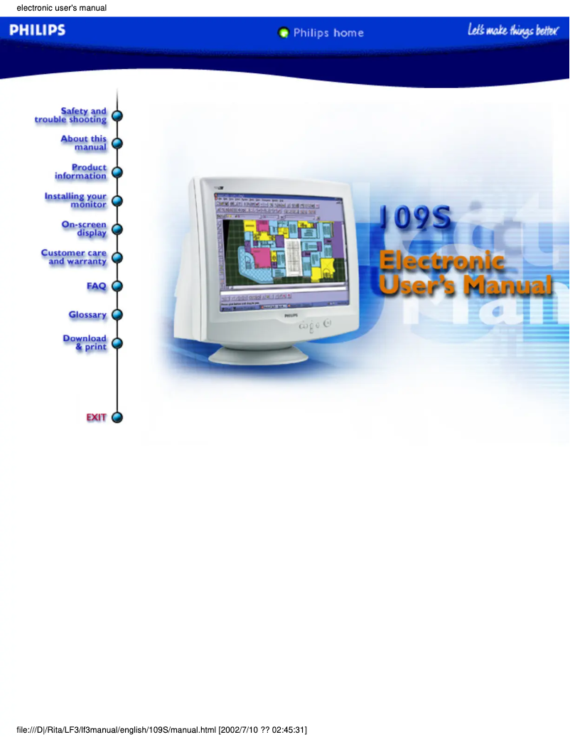 Page 1 of the manual User Manual Philips 109S40