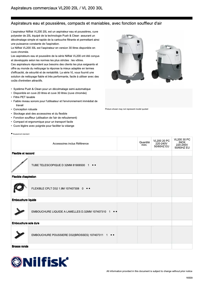 Page 1 of the manual Technical Sheet Nilfisk VL200
