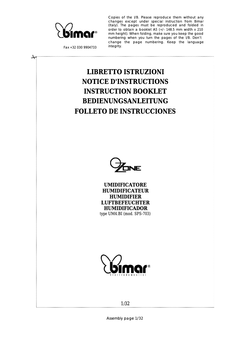 Page 1 de la notice Manuel utilisateur Bimar UM4.BI
