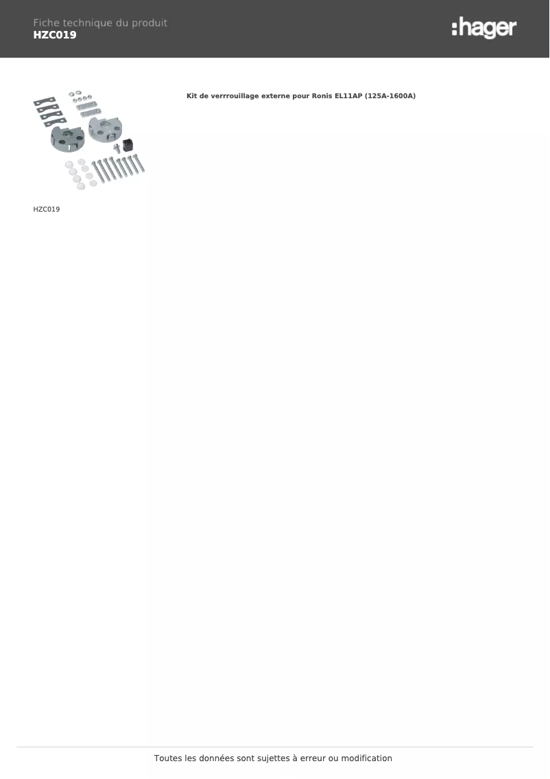 Page 1 of the manual Technical Sheet Hager HZC019