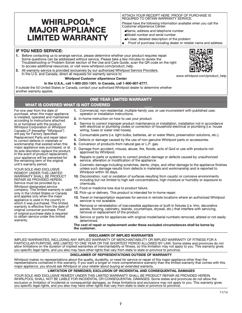 Page 1 of the manual Warranty Information Whirlpool WMH53521HZ
