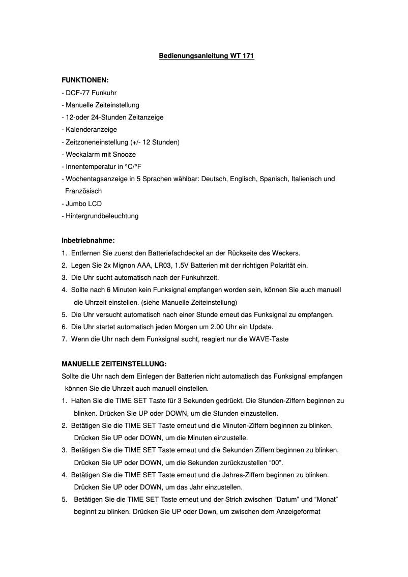 First page image of the manual for WT 171