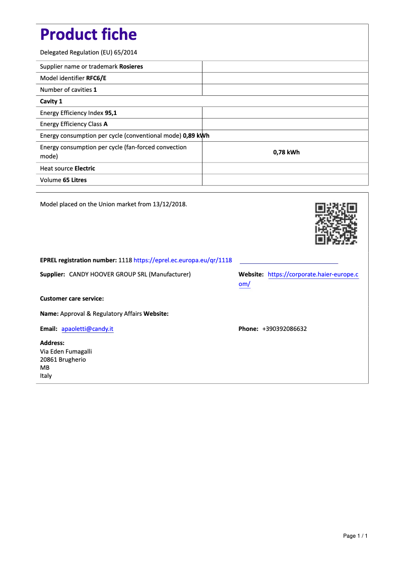 Page 1 of the manual Technical Sheet Rosieres RFC 6/E