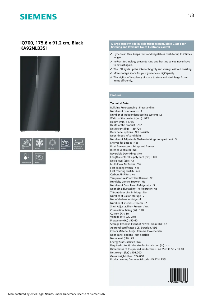Page 1 of the manual Technical Sheet Siemens KA92NLB35I