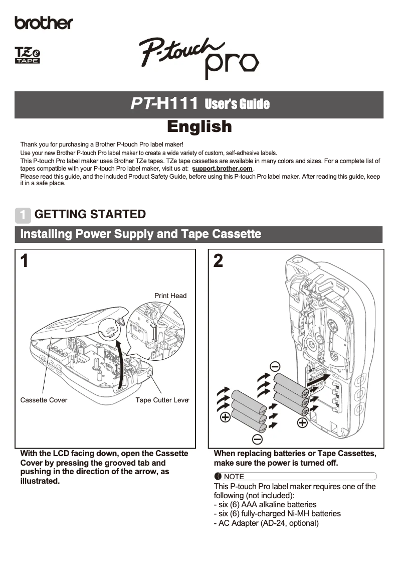 First page image of the manual for P-touch PT-H111