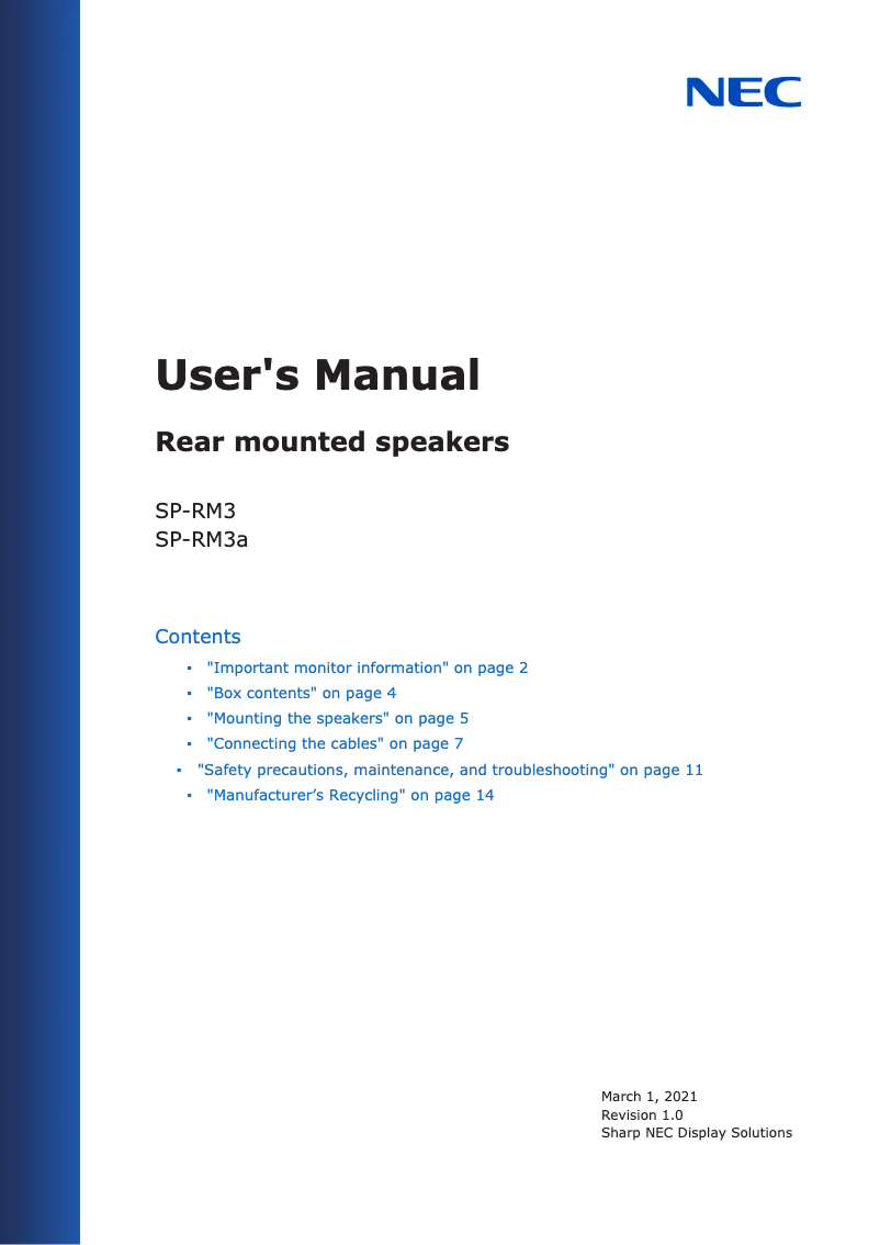 Page 1 de la notice Manuel utilisateur NEC SP-RM3a