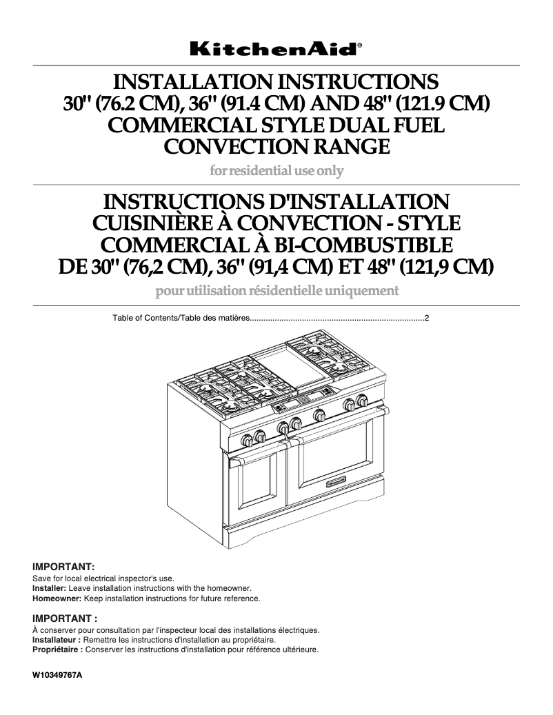 Page 1 of the manual Installation Guide KitchenAid KDRS407VSS