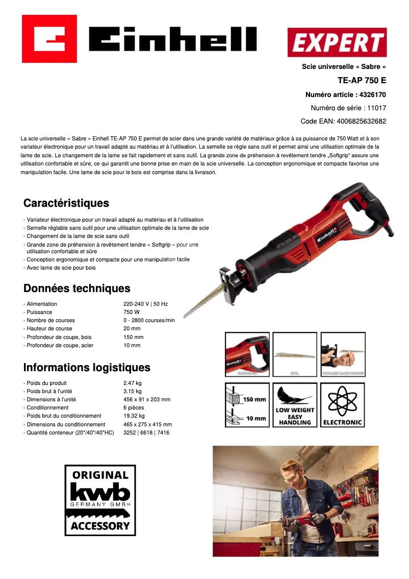Page 1 of the manual Technical Sheet Einhell TE-AP 750 E
