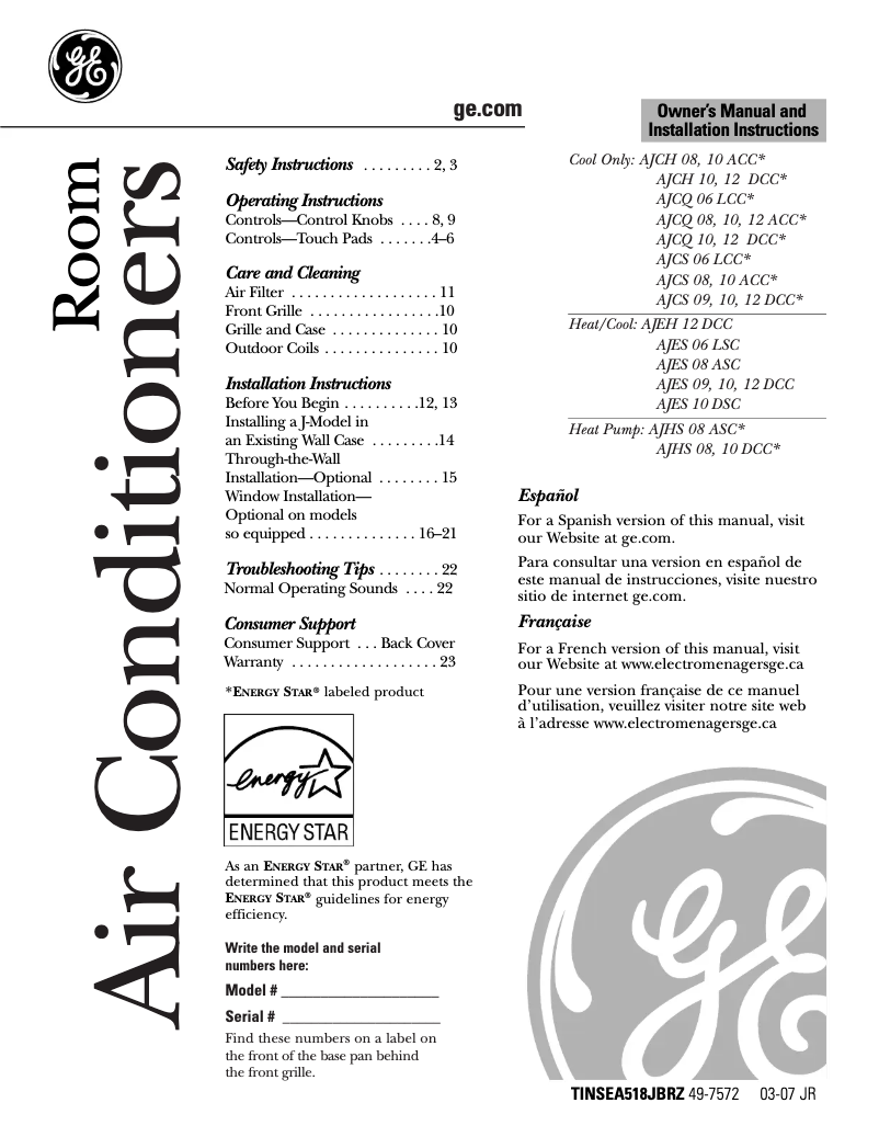 First page image of the manual for AJES06LSC