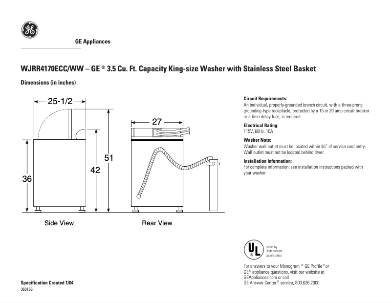 Page 1 of the manual Technical Sheet GE WJRR4170ECC