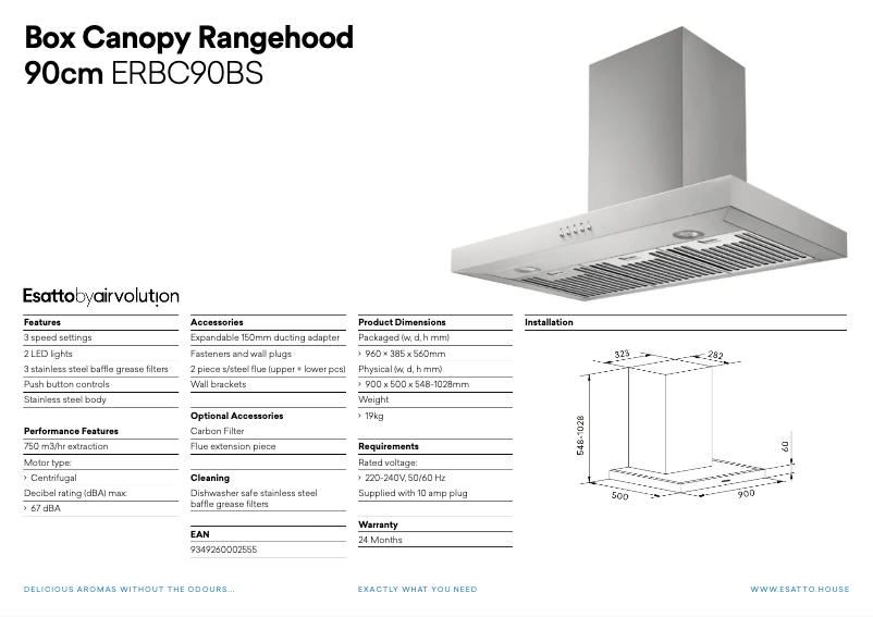 Page 1 of the manual Technical Sheet Esatto ERBC90BS