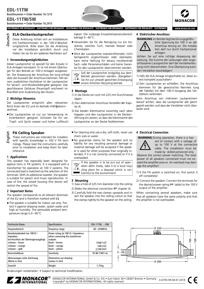 First page image of the manual for EDL-11TW/SW