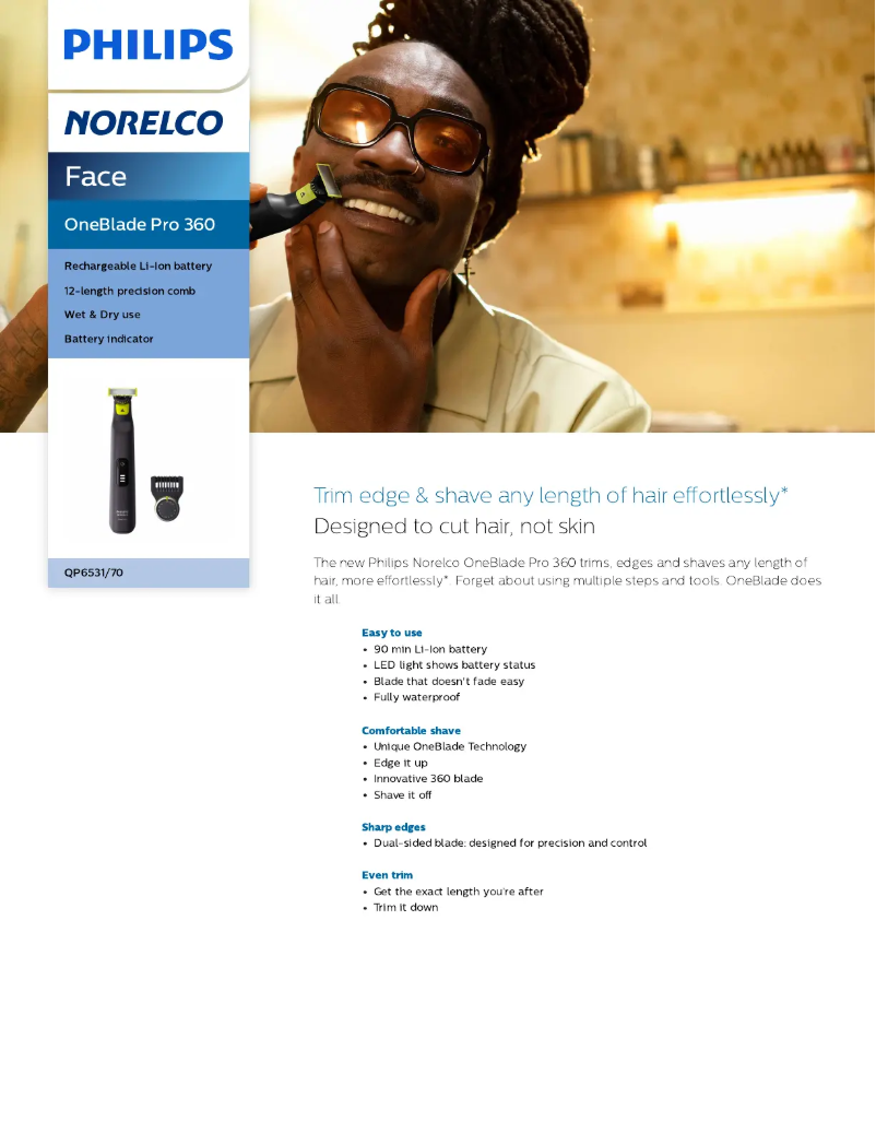 First page image of the manual for Norelco OneBlade QP6531