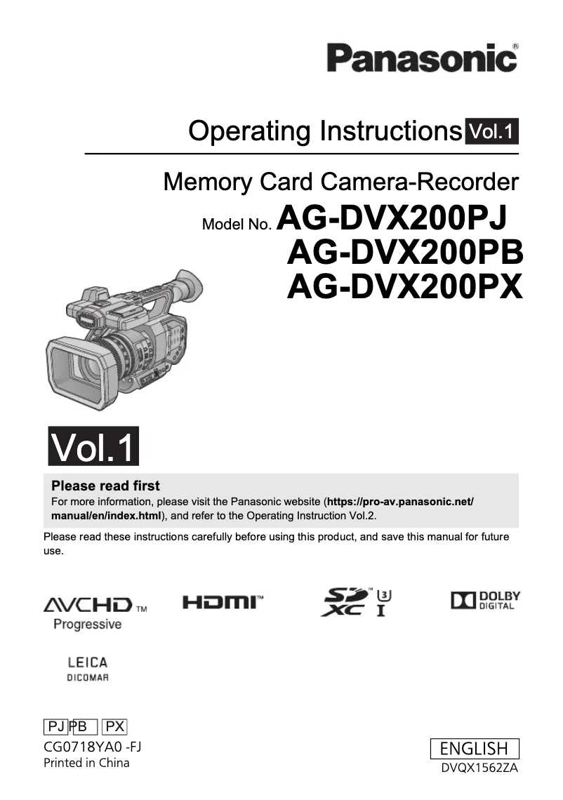 First page image of the manual for AG-DVX200