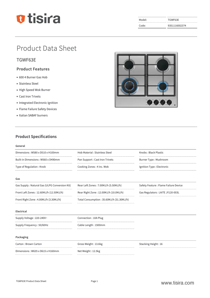 Page 1 of the manual Technical Sheet Tisira TGWF63E