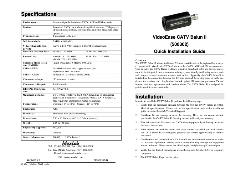 Image de la première page du manuel de l'appareil VideoEase CATV Balun II 500302