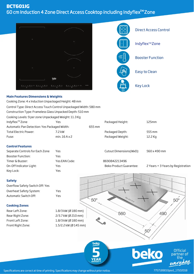 Page 1 of the manual Technical Sheet Beko BCT601IG