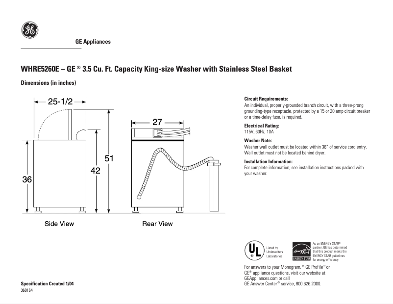 Page 1 of the manual Technical Sheet GE WHRE5260EWW