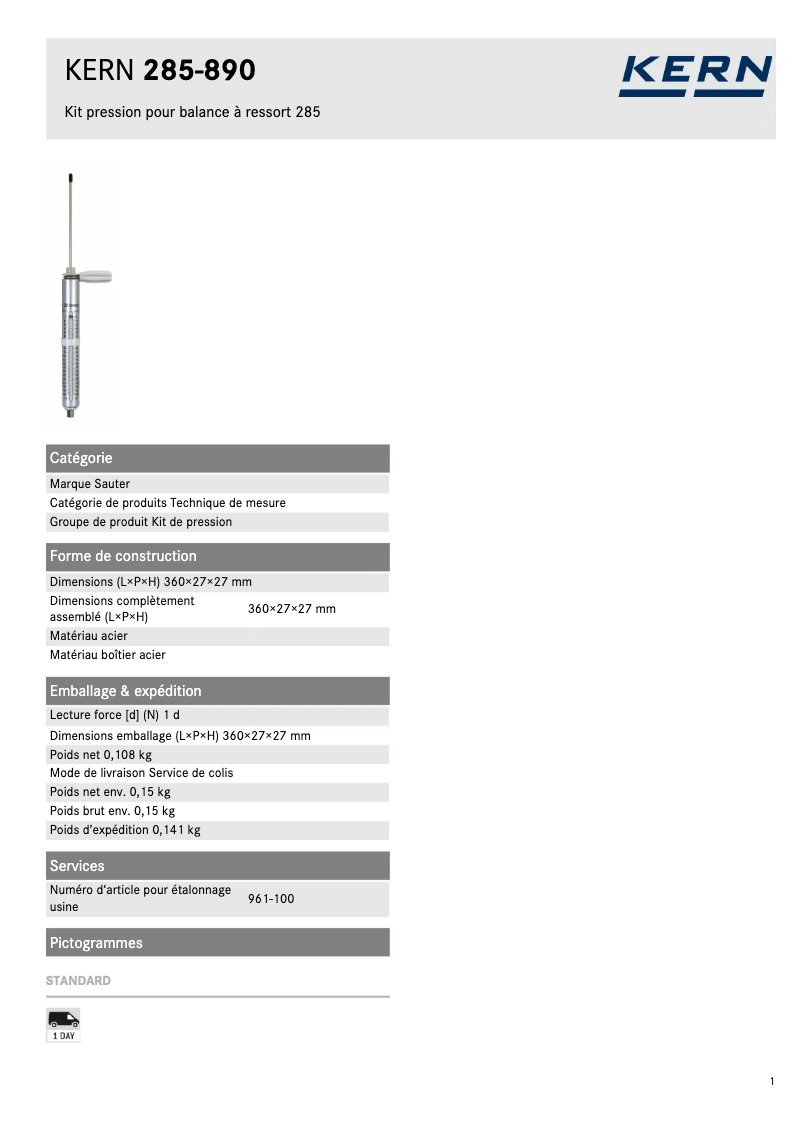 Page 1 of the manual Technical Sheet Kern 285-890
