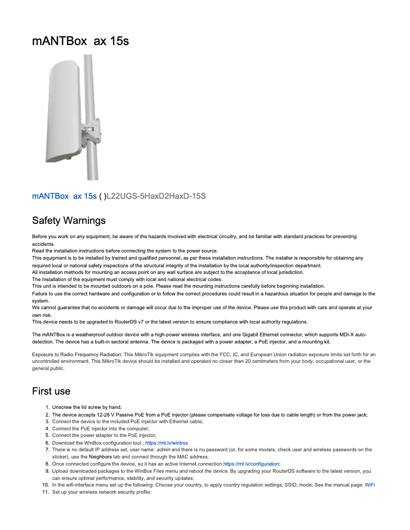 Page 1 of the manual User Manual Mikrotik mANTBox ax 15s