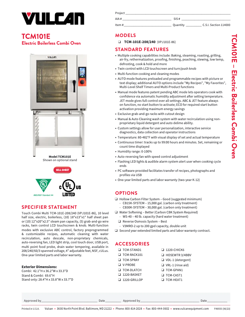 Page 1 of the manual Technical Sheet Vulcan TCM-101E