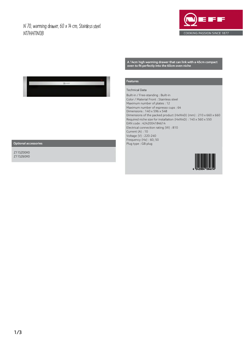 Page 1 of the manual Technical Sheet Neff N17HH11N0B