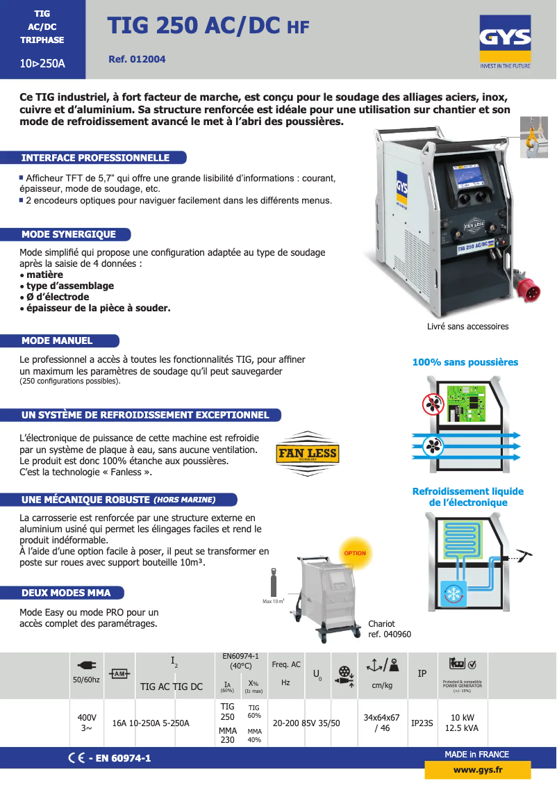 Page 1 of the manual Technical Sheet GYS TIG 250 AC/DC